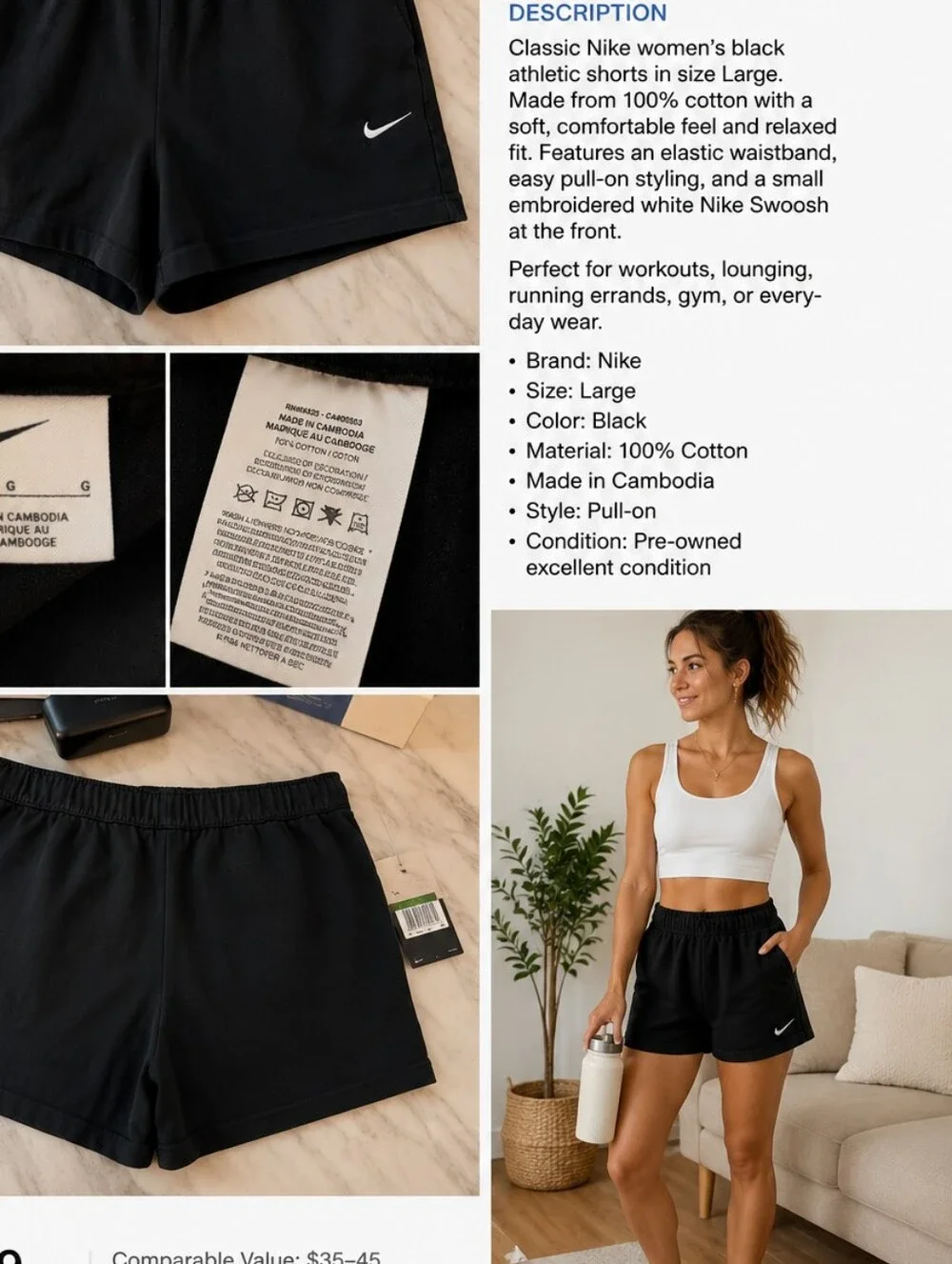 Nike Women’s Black Cotton Athletic Shorts Size L Embroidered Swoosh Elastic Wais